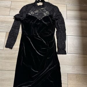 SHEIN Black Velvet and Lace Long Sleeve Dress